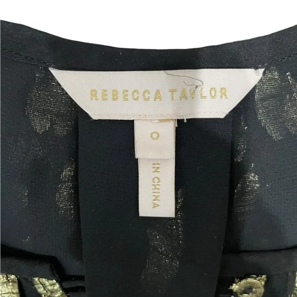 Rebecca Taylor 100% Silk Black and Gold Ruffle Sleeve Blouse- Size 0 - Picture 3 of 9